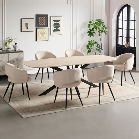 Ensemble table 240cm effet travertin + 6 chaises tissu bouclette écru