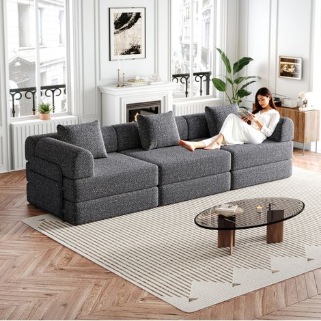 Sofá cama de chenilla gris 2 en 1, 1 plaza, con almacenaje en el reposabrazos (1/5)