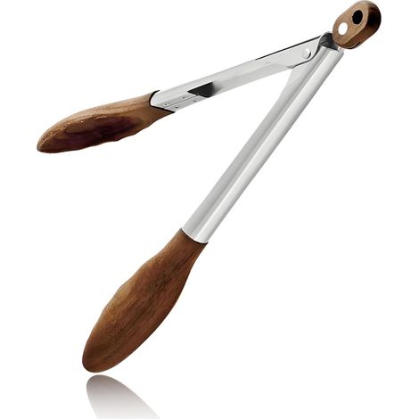 1 Pince de Cuisine, Bois d'Olivier et Inox, Résistante à 220°C, 31 cm, pour Grill et Poêle