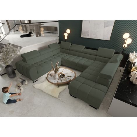 Wohnlandschaft Schlafsofa BASTIEN XL in Stoff Gemma Dunkelgrün Ottomane Rechts