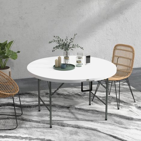Table ronde de jardin pliante Ø122 cm peut accueillir 6 personnes pour évènement. structure métal. plateau HDPE