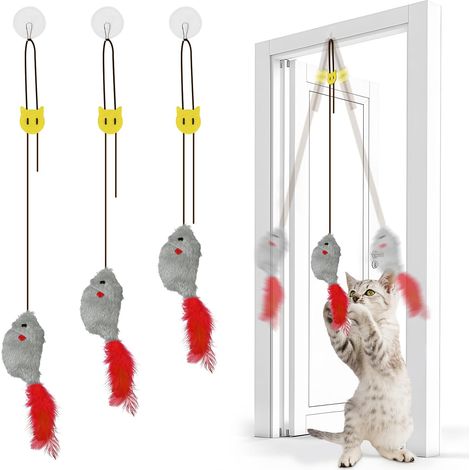 3pcs Porte Suspendue Souris Jouet Chat, Jouets Interactifs pour Chats, Souris Suspendue avec Corde Élastique et Bruit, Jouet Chaton en Intérieur pour Jeu Autonome, Jeux et Interactions, Gris (1/5)