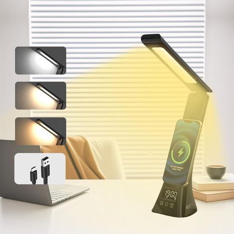 Lampe de bureau LED sans fil et rechargeable, intensité réglable sur 3 couleurs, lampe tactile avec minuterie et fonction mémoire, idéale pour les enfants, les études et le travail au bureau - Noir (1/5)