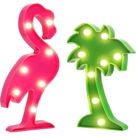 Décorations pour une fête hawaïenne sur le thème des flamants roses et des palmiers : enseigne lumineuse, centre de table, décoration murale pour chambre d'enfant et anniversaire. (1/5)