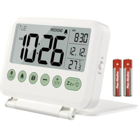 Réveil de voyage : rétroéclairage 2 niveaux, 2 volumes, 12/24H, calendrier, température, mode week-end, snooze, couvercle pliable, petite horloge numérique à piles (piles AAA incluses) (1/5)