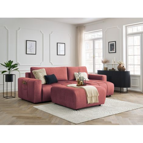 BOBOCHIC - Canapé d'angle réversible convertible coffre ARSENE tissu velours avec pouf Orange (1/5)