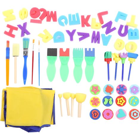 Ensemble de 57 pinceaux en éponge avec sac en tissu pour la peinture, le tamponnage, le lettrage, la peinture sur vêtements et autres fournitures pour enfants (1/5)
