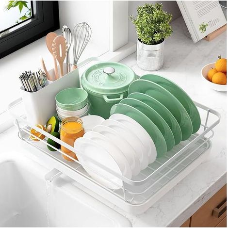 Egouttoir Vaisselle Cuisine - Egoutoire Compact et Gain de Place, Seche Vaisselle en Acier Inoxydable avec Porte-Couverts, 29,0 x 38,1 x 12,7 cm, Blanc (1/5)