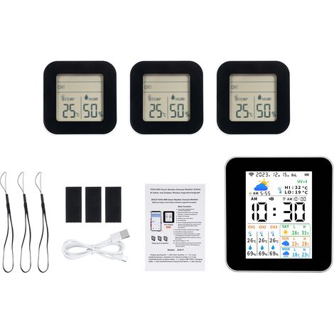 Thermomètre intérieur et extérieur Station météo sans fil Tuya avec 3 capteurs Capteur d'humidité et de température Moniteur de prévision en temps réel Support Réveil Date Heure (1/5)