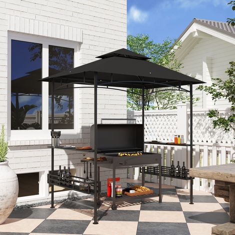 Gazebo per barbecue, pensilina da giardino per reception, gancio a soffitto, ripiani, cestini, 240 x 150 x 257 cm, grigio scuro