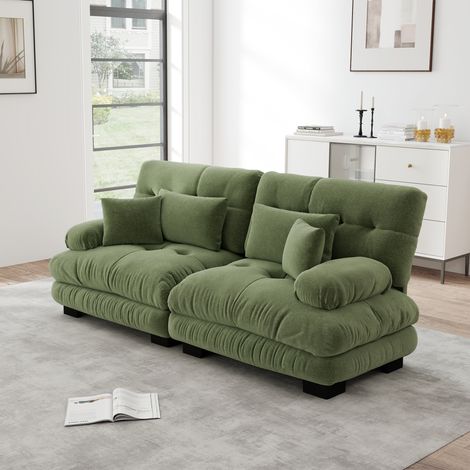 Canapé modulable 220x77x81cm - 2 places - accoudoirs ronds capitonnés + modulable U/L/ligne - chenille vintage - vert (1/5)