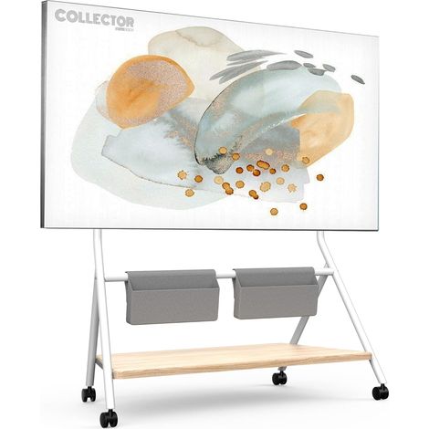 FITUEYES DESIGN Mobiler TV Stnder Rollbar, TV Stand f¨¹r 65 70 75 80 85 88 Zoll Fernseher bis 55kg, Hhenverstellbar TV Standfuss mit Holzablage & Aufbewahrungstasche, Collector Serie,Wei