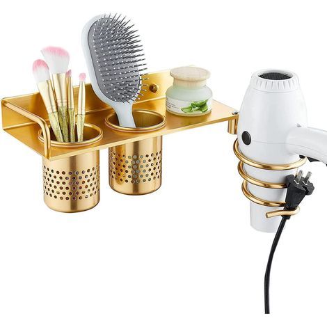 Support de sèche-cheveux mural portable en spirale avec 2 tasses - Organiseur de salle de bain multifonction pour économiser de l'espace (doré avec 2 tasses) (1/5)