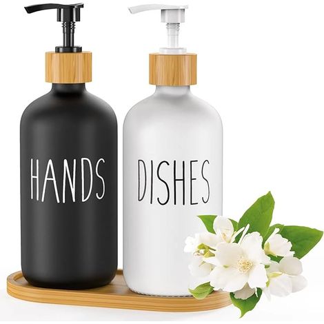 Distributeur de Savon 500ml Distributeur de Savon en Verre Distributeur Savon Noir et Blanc Distributeur de Liquide Vaisselle Flacon Pompe pour Cuisine,Douche.avecPlateau,Entonnoir (2pcs) (1/5)