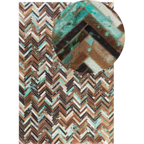 Tappeto marrone beige blu patchwork in pelle - 140 x 200 cm - Amasya