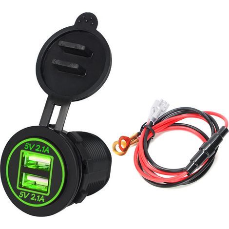 Chargeur Voiture Moto Bateau USB Double Port 4.2A Étanche Vert DC12-24V (1/5)