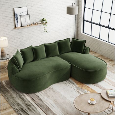 Sofá angular modular sin estructura con asiento profundo 122 cm, tapizado en chenilla verde, confortable y sin montaje (1/5)