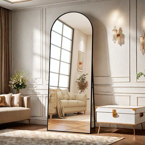 Miroir sur pied 177 x 77 - Miroir pleine longueur arqué - Grand miroir de dressing - Peut être fixé au mur - Cadre aluminium étroit - Noir moderne - Salon/Chambre (1/5)