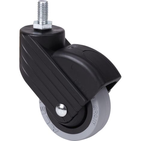 RUEDAS ALEX 50hp50cp-4pgi50-45 m10x15 , Descripción
Ruedas goma gris y soporte negro, especialmente indicada para soportar cargas hasta 22 Kg.
Se aplica en expositores, muebles comerciales, taburetes,