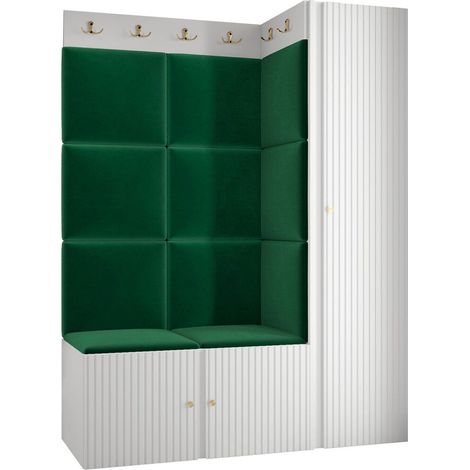 Meuble d'entrée Hartford 385, Blanc, 186x124x46cm, Stratifié, Tissu, MDF, Murale, À poser