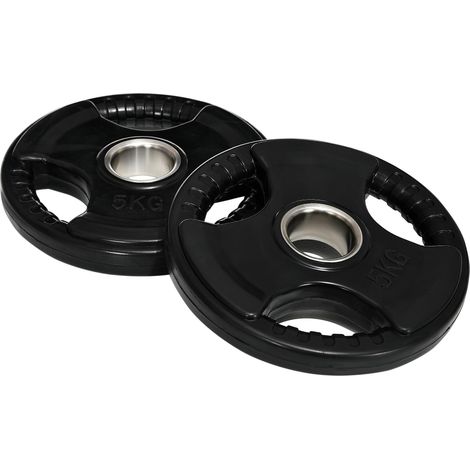 Ensemble de 2 disques de musculation Tri-Grip de 5 kg chacun, en caoutchouc, adaptés aux sols plats, diamètre de 5 cm, trois poignées, pour l'entraînement de force. (1/5)