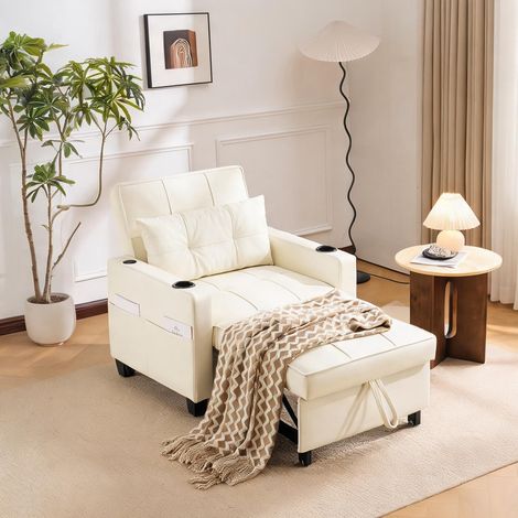 Canapé convertible 1 place blanc avec repose-pieds et ports USB (1/5)