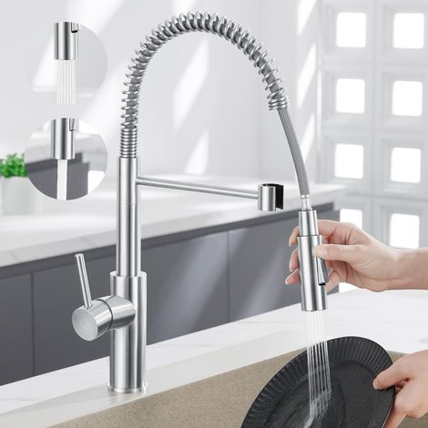 Cecipa Mitigeur de Cuisine avec Douchette Extractible - Robinet de Cuisine à Ressort avec 2 Modes de Sortie D'eau - Robinet à Ressort Brossé en Acier Inoxydable 304 (1/5)