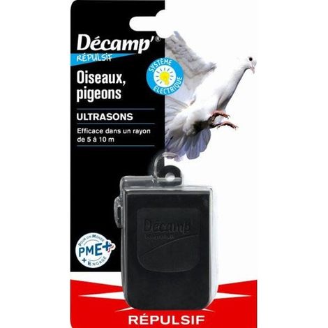 Répulsif ultrasons anti-pigeons – Action ultrasonique pour extérieur – Plastique noir – 24g – Installation murale facile – Décamp'