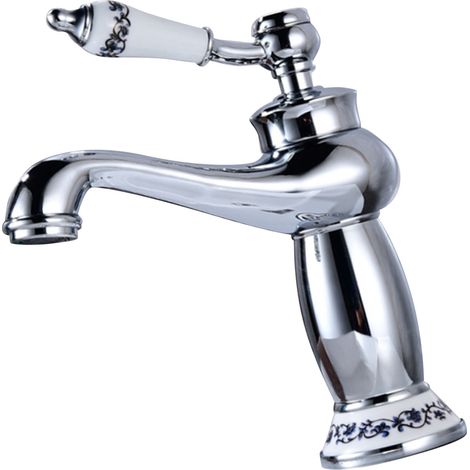 Robinet mitigeur en céramique et laiton antique, à poignée unique, en porcelaine bleue et blanche, col long, durable, pour évier de maison