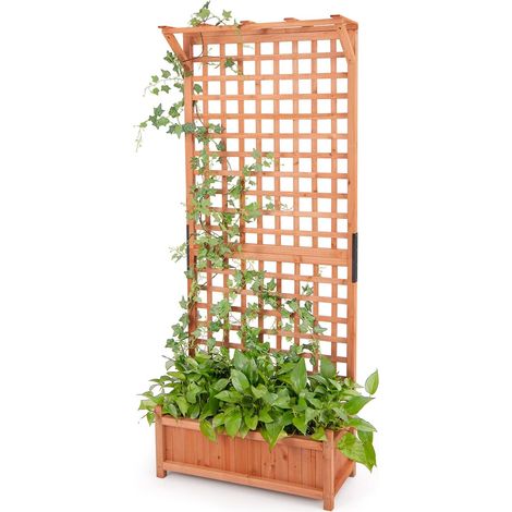 GOPLUS Jardinière avec Treillis 183cm en Bois, pour Plantes Grimpantes, Bac à Fleurs avec Trou de Drainage, 75x33x183CM (1/5)