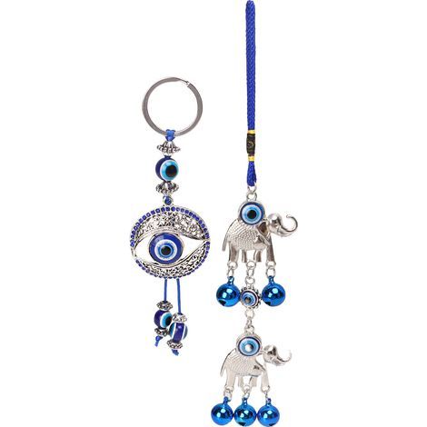 Portable Porte-Bonheur Œil Bleu Éléphant - Décoration Suspension Voiture Artisanale (1/5)