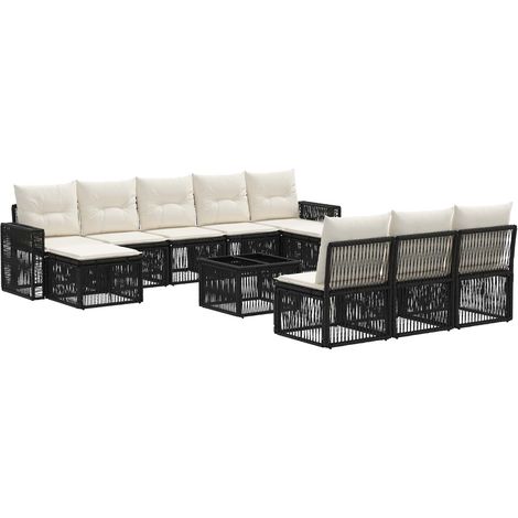 vidaXL Set Divano da Giardino 11 pcs Nero e Bianco Crema polyrattan