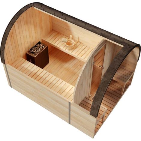 FinnTherm Fasssauna ScandiPod Premium Fasssauna 2 Sitzbänke aus Holz, Sauna mit 42 mm Wandstärke, Außensauna mit Montagematerial