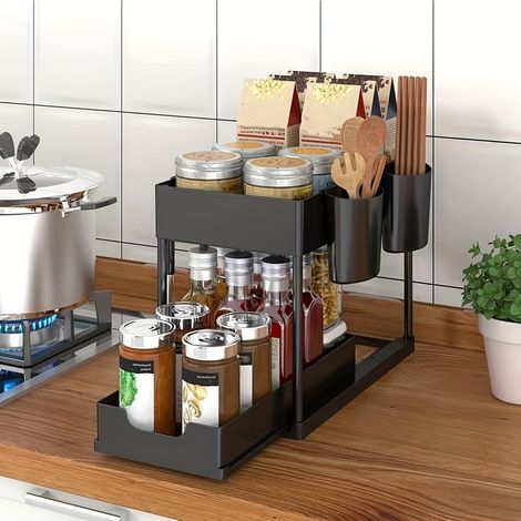 Rangement Sous Évier - 2 niveaux organisateur sous evier cuisine, Tiroir Coulissant Cuisine, Rangement Et Organisation De Cuisine, Noir, 1 Paquet