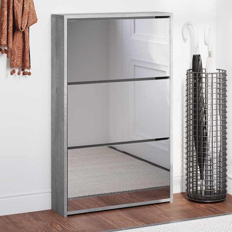 Schuhschrank mit Spiegel 3 Fächer Grau Sonoma 63x17x102,5 cm