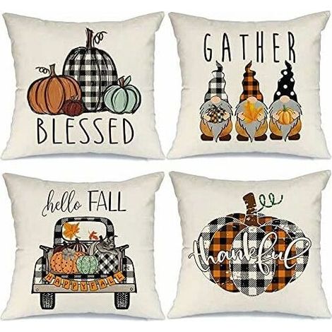 Couvertures d'oreillers d'automne 18x18 Ensemble de 4 pour Farmhouse Farmhouse Thanksgiving Buffalo Vérifiez Plaid Gnomes Pumpkin Outdoor Coussins Décoratifs Coussins d'automne Coussin de coussin d'au (1/5)