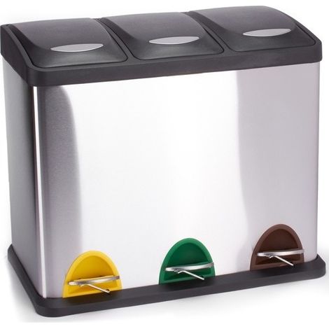 MSV – Poubelle à pédale inox 3 compartiments 8L – Séparateur de déchets ergonomique – Couvercle anti-odeur – Facile à nettoyer