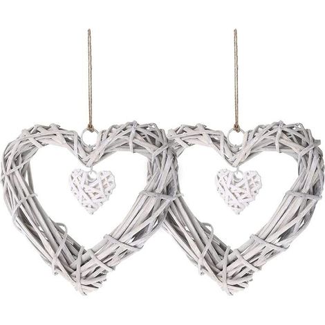 2 Cœurs en osier suspendus, décoration rotin forme cœur pour mariage, fête, intérieur. Lot de 2. (1/5)