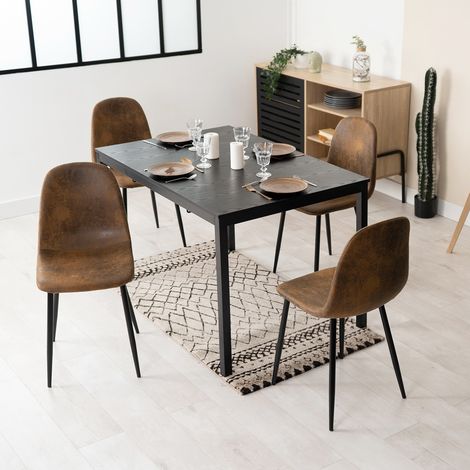 MEUBLES COSY Ensemble de salle à manger cinq pièces, comprenant une table extensible et quatre chaises de salle à manger en microfibre marron.