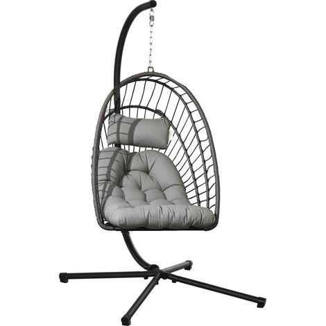 Fauteuil suspendu en rotin PE avec coussin, assise pliante et structure en acier, gris idéal pour aménager votre terrasse, balcon ou jardin, alliant confort et durabilité pour vos moments de détent... (1/5)