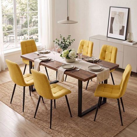 WAFTING Lot de 6 chaises de Salle à Manger rembourrées avec Dossier Haut et Design en Lin,Jaune (1/5)