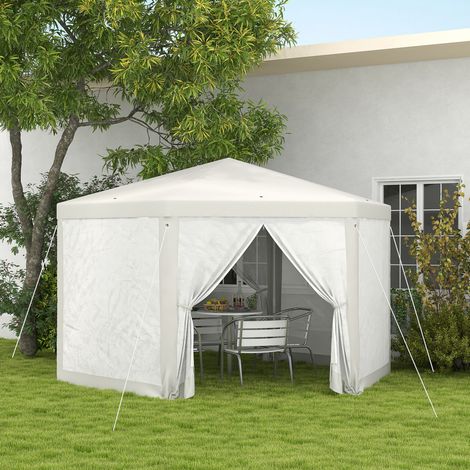 Pavillon hexagonal 394x341,2x250 cm en métal et polyester ivoire, moderne pour jardin FloraGrace (1/5)