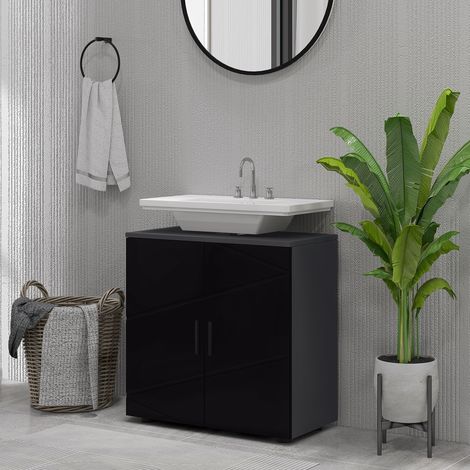 Unterschrank mit 2 Türen, Badezimmerschrank aus Holz mit verstellbarem Einlegeboden, für Waschbecken mit oder ohne Säule, 60 x 30 x 60 cm, Schwarz und Dunkelgrau