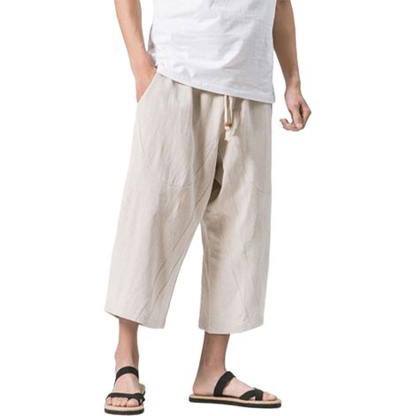 Short homme lin Capri sous le genou, coupe ample, sport plage, taille élastique cordon, pantacourt décontracté, été, respirant, confortable (1/4)