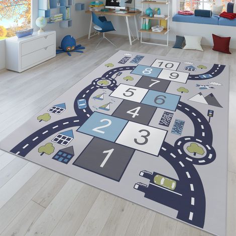 Tapis enfant antidérapant pour chambre garçon/fille, motif route 200 cm x 200 cm x 4 mm, Gris, Quadrat