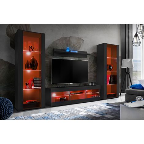 Komodee Ensemble de Meubles Tivoli Grande, Noir/Noir, Largeur 250cm x Hauteur 159cm x Profondeur 35cm, LED RGB, 3 étagères, pour Salon, Chambre, Entrée