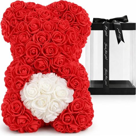 Orsetto di Rose Rosse Artificiali con Scatola Regalo Trasparente - Misura 17x17x25 cm - Idea Romantica per San Valentino, Anniversari e Compleanni - C (1/5)