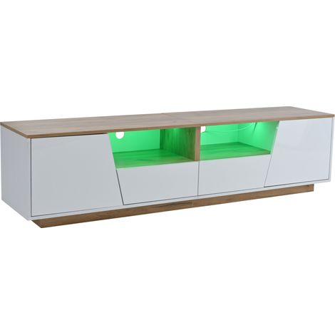 Mueble TV LED brillante 180 cm blanco y madera, 2 cajones y 2 puertas (1/5)