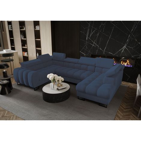 Wohnlandschaft Schlafsofa BASTIEN in Stoff Terra Blau Ottomane Rechts