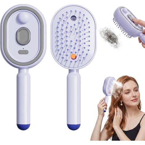 Cepillo de vapor eléctrico, alisador de pelo de vapor recargable con spray, peine desenredante antiestático 3 en 1 y masaje con cojín de aire, herramienta de peinado inalámbrica portátil (púrpura) (1/5)